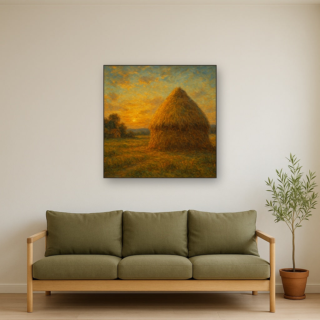 Rustic Countryside Haystack at Sunset No. 2 Oil Painting - Styled in Modern Living Room