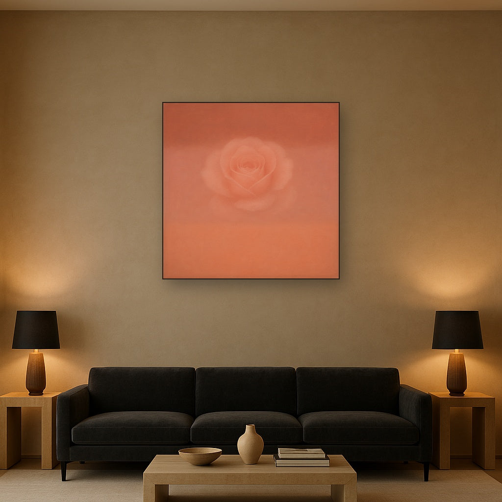 Blush Rose & Dusky Terracotta Ambient Glow No. 5 Oil Painting Staged Above Sectional Sofa in Living Room, Hand Painted Canvas Wall Art for Home Decor