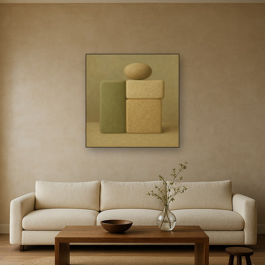 Muted Olive & Sandstone Geometric Balance No. 14 Oil Painting Staged Above Sectional Sofa in Living Room, Hand Painted Canvas Wall Art for Home Decor