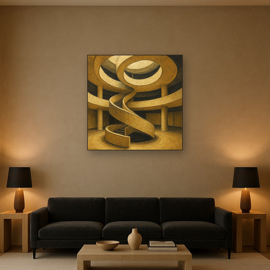 Travertine Spiral Atrium Perspective No. 7 Oil Painting - Styled in Modern Living Room