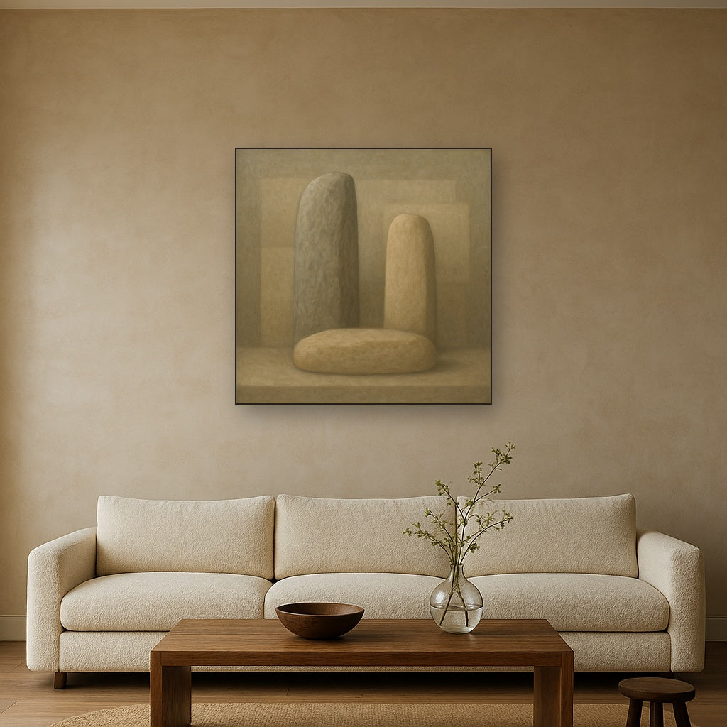 Driftwood Grey & Weathered Stone Monolith No. 22 Oil Painting Staged Above Sectional Sofa in Living Room, Hand Painted Canvas Wall Art for Home Decor