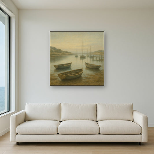 Quiet Fishing Harbor at Morning Low Tide No. 2 Oil Painting Staged Above Sectional Sofa in Living Room, Hand Painted Canvas Wall Art for Home Decor