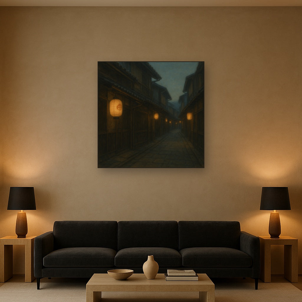 Old Kyoto Gion Alley in Soft Lantern Light No. 24 Oil Painting Staged Above Sectional Sofa in Living Room, Hand Painted Canvas Wall Art for Home Decor