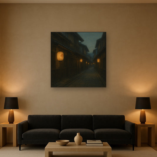 Old Kyoto Gion Alley in Soft Lantern Light No. 24 Oil Painting Staged Above Sectional Sofa in Living Room, Hand Painted Canvas Wall Art for Home Decor