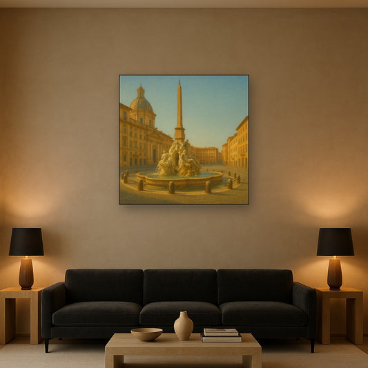Rome Piazza Fountain in Morning Sunlight No. 25 Oil Painting Staged Above Sectional Sofa in Living Room, Hand Painted Canvas Wall Art for Home Decor