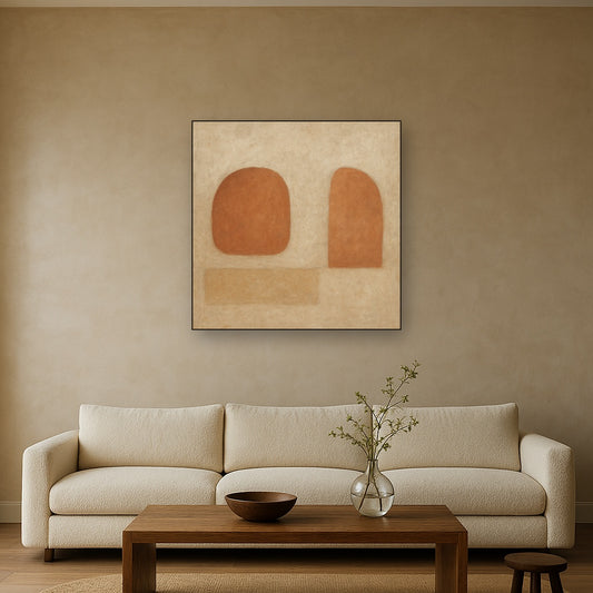 Earthy Terracotta & Weathered Plaster Wash No. 25 Oil Painting Staged Above Sectional Sofa in Living Room, Hand Painted Canvas Wall Art for Home Decor