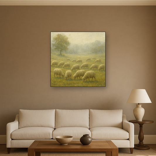 Pastoral Grazing Flock at Morning Mist No. 2 Oil Painting - Styled in Modern Living Room