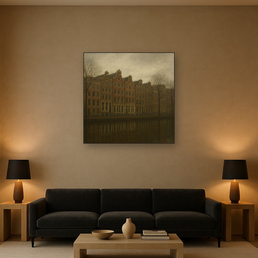 Amsterdam Canal Houses Under Overcast Sky No. 6 Oil Painting Staged Above Sectional Sofa in Living Room, Hand Painted Canvas Wall Art for Home Decor