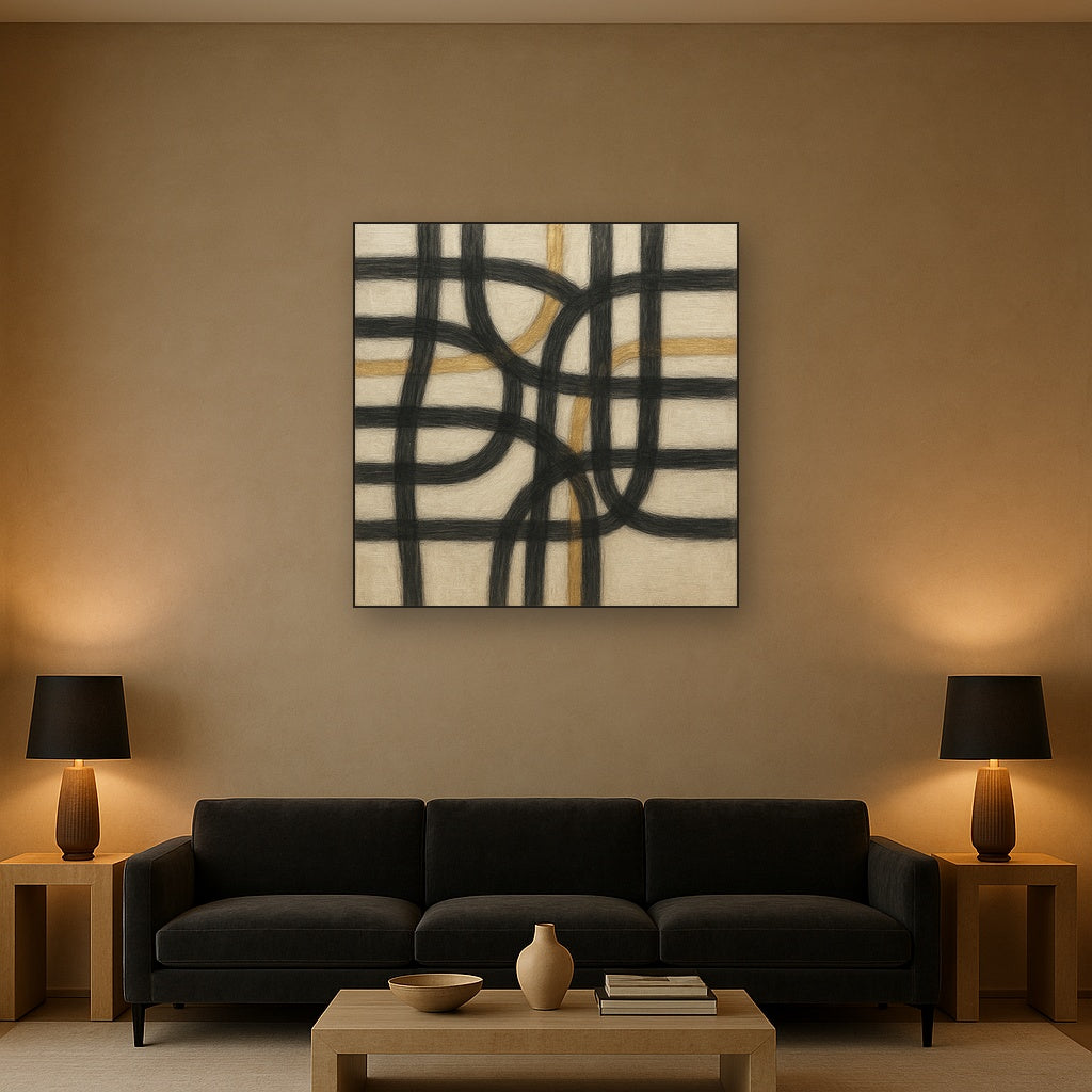 Abstract Woven Line Matrix in Charcoal & Gold Fine Art Oil Painting - View 2