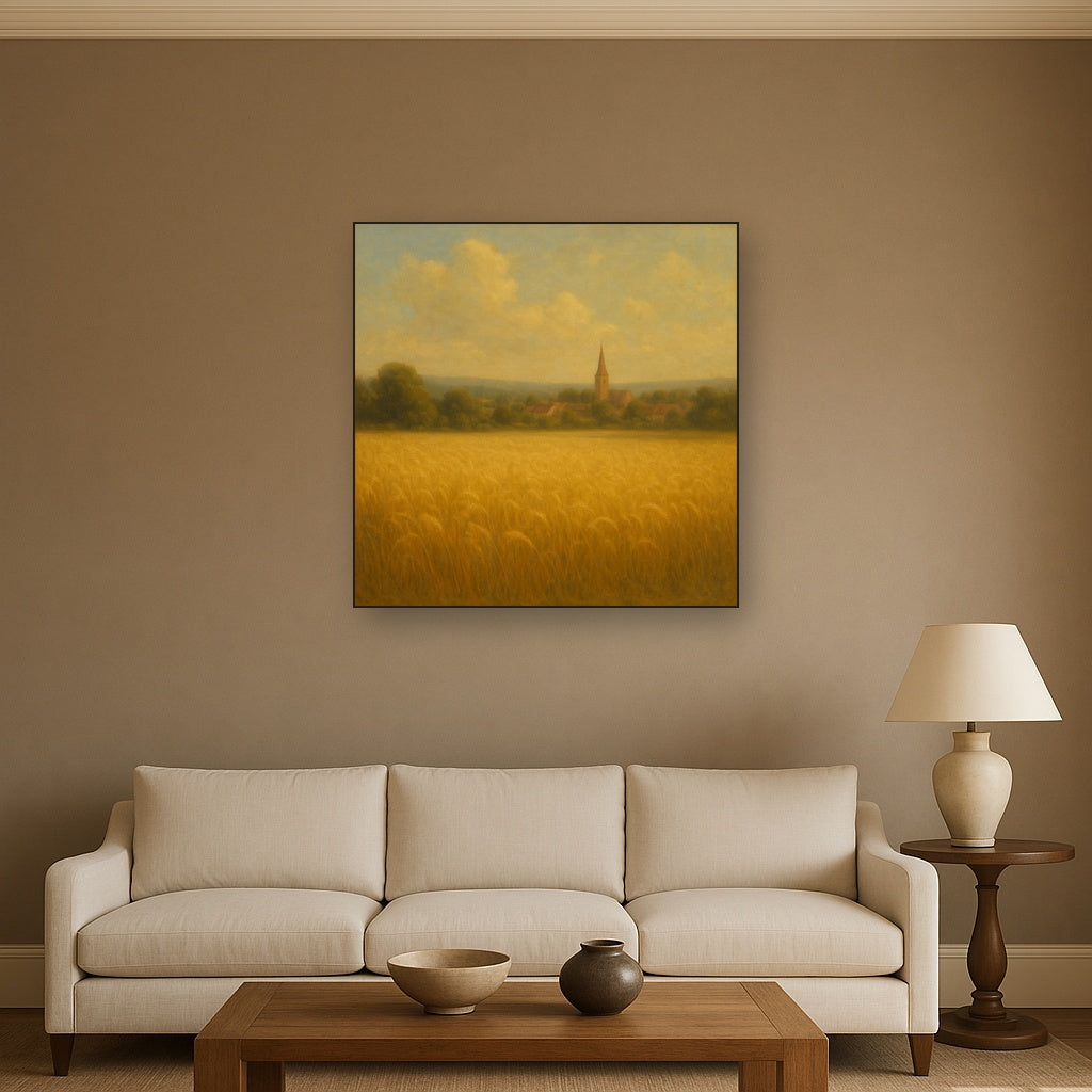 Sun-Drenched Wheatfield & Distant Village Oil Painting - View 2