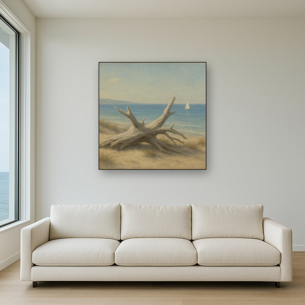 Sun-Bleached Driftwood & Distant Sailboat No. 6 Oil Painting - View 2