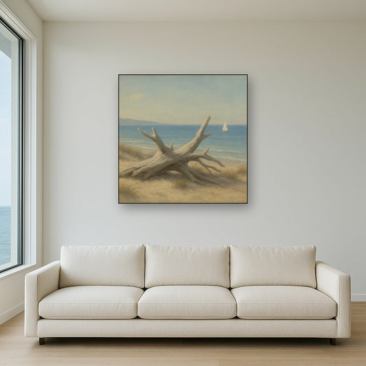 Sun-Bleached Driftwood & Distant Sailboat No. 6 Oil Painting Staged Above Sectional Sofa in Living Room, Hand Painted Canvas Wall Art for Home Decor