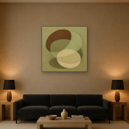 Floating Ellipse Harmony in Walnut & Pale Sage No. 11 Oil Painting Staged Above Sectional Sofa in Living Room, Hand Painted Canvas Wall Art for Home Decor