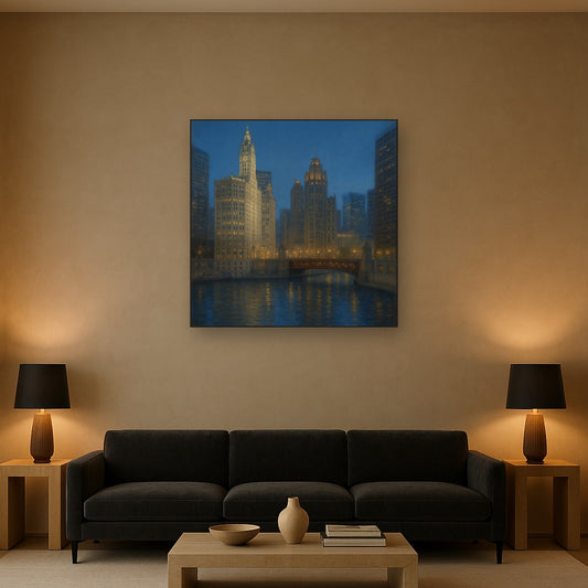 Chicago Riverfront Architecture at Blue Hour Oil Painting Staged Above Sectional Sofa in Living Room, Hand Painted Canvas Wall Art for Home Decor