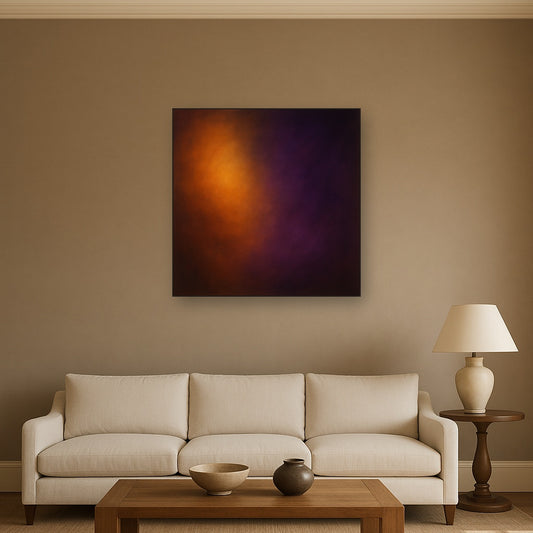 Burnt Amber & Velvet Amethyst Atmosphere No. 3 Oil Painting Staged Above Sectional Sofa in Living Room, Hand Painted Canvas Wall Art for Home Decor