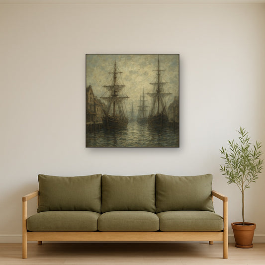 Old World Maritime Harbor & Tall Ships No. 4 Oil Painting - Styled in Modern Living Room