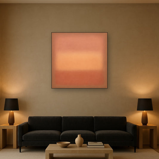 Blush Rose & Dusky Terracotta Ambient Glow No. 17 Oil Painting Staged Above Sectional Sofa in Living Room, Hand Painted Canvas Wall Art for Home Decor