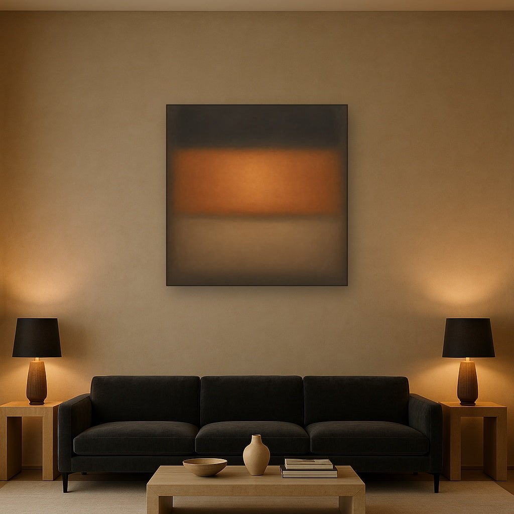 Charcoal Slate & Burnished Copper Horizon No. 7 Oil Painting Staged Above Sectional Sofa in Living Room, Hand Painted Canvas Wall Art for Home Decor