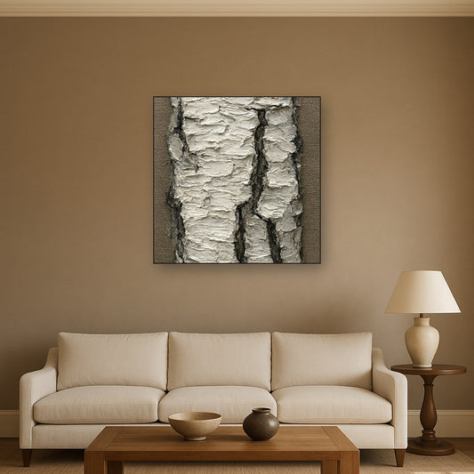 Silver Birch Bark Sculptural Impasto Oil Painting - Styled in Modern Living Room