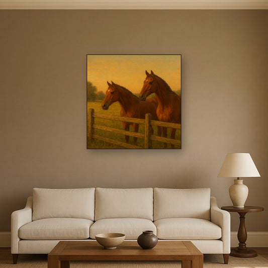 Two Horses at Rustic Post & Rail Fence No. 16 Oil Painting Staged Above Sectional Sofa in Living Room, Hand Painted Canvas Wall Art for Home Decor