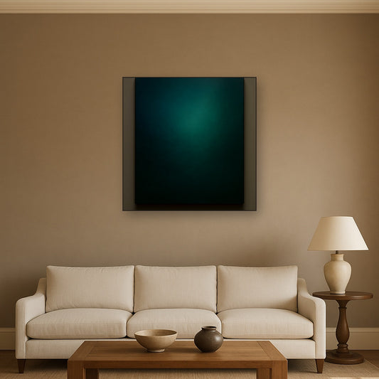 Midnight Teal & Deep Malachite Gradient No. 7 Oil Painting Staged Above Sectional Sofa in Living Room, Hand Painted Canvas Wall Art for Home Decor