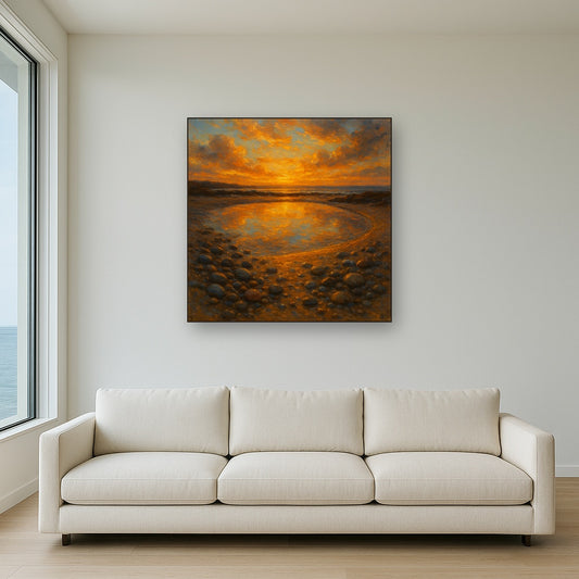Golden Sunset Tidal Pool Coastal Oil Painting - Styled in Modern Living Room