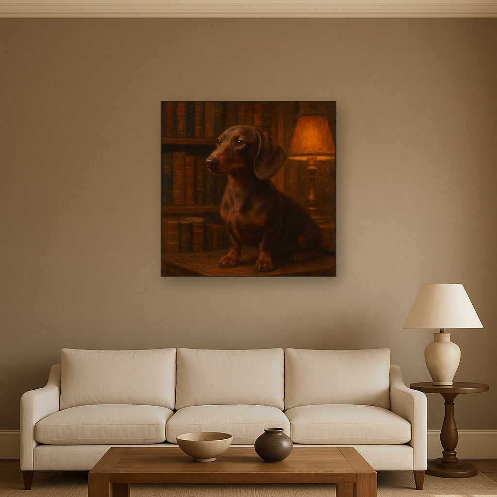 Smooth Dachshund in Moody Library Study No. 16 Fine Art Oil Painting - View 2