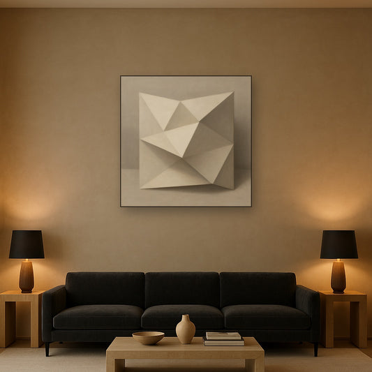 Folded Paper Geometry in Neutral Gradient Shadows No. 10 Oil Painting Staged Above Sectional Sofa in Living Room, Hand Painted Canvas Wall Art for Home Decor