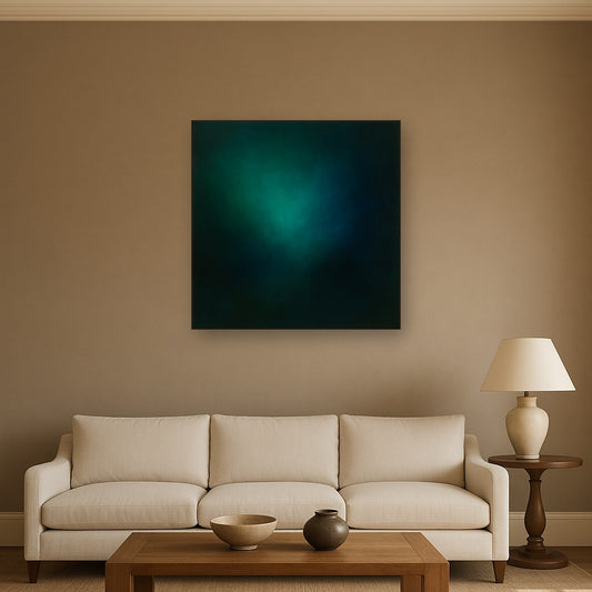 Emerald & Midnight Sapphire Sfumato Immersion No. 10 Oil Painting Staged Above Sectional Sofa in Living Room, Hand Painted Canvas Wall Art for Home Decor