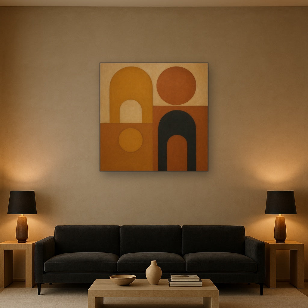 Arch & Circle Equilibrium in Warm Earth Tones No. 8 Oil Painting Staged Above Sectional Sofa in Living Room, Hand Painted Canvas Wall Art for Home Decor