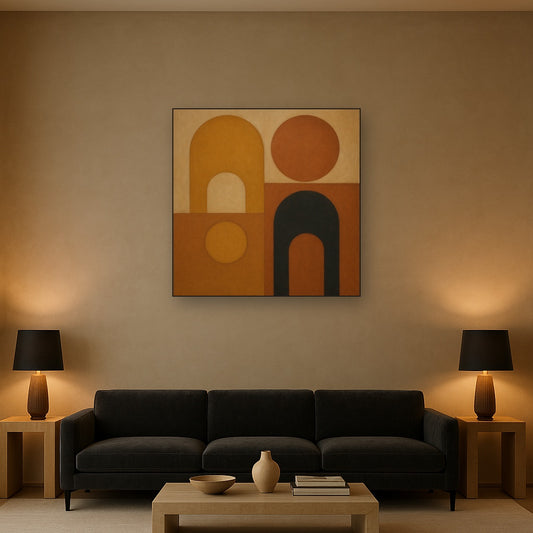 Arch & Circle Equilibrium in Warm Earth Tones No. 8 Oil Painting Staged Above Sectional Sofa in Living Room, Hand Painted Canvas Wall Art for Home Decor