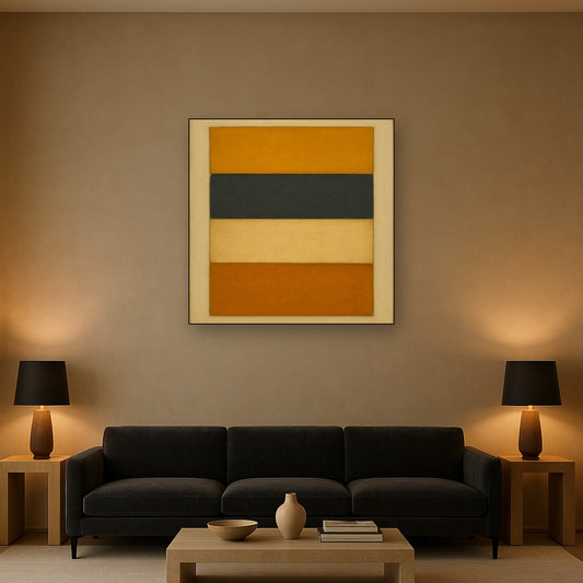 Stacked Horizon Blocks in Mustard & Charcoal No. 13 Oil Painting Staged Above Sectional Sofa in Living Room, Hand Painted Canvas Wall Art for Home Decor