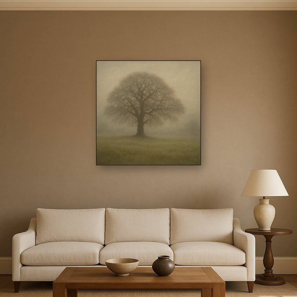 Ancient Solitary Oak in Morning Fog No. 7 Oil Painting - View 2