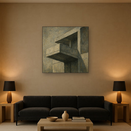 Brutalist Cantilevered Balcony Study No. 6 Oil Painting - Styled in Modern Living Room