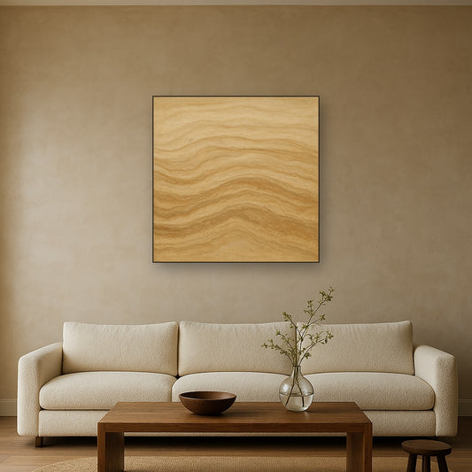 Weathered Mineral Sediments in Warm Ecru No. 16 Oil Painting Staged Above Sectional Sofa in Living Room, Hand Painted Canvas Wall Art for Home Decor