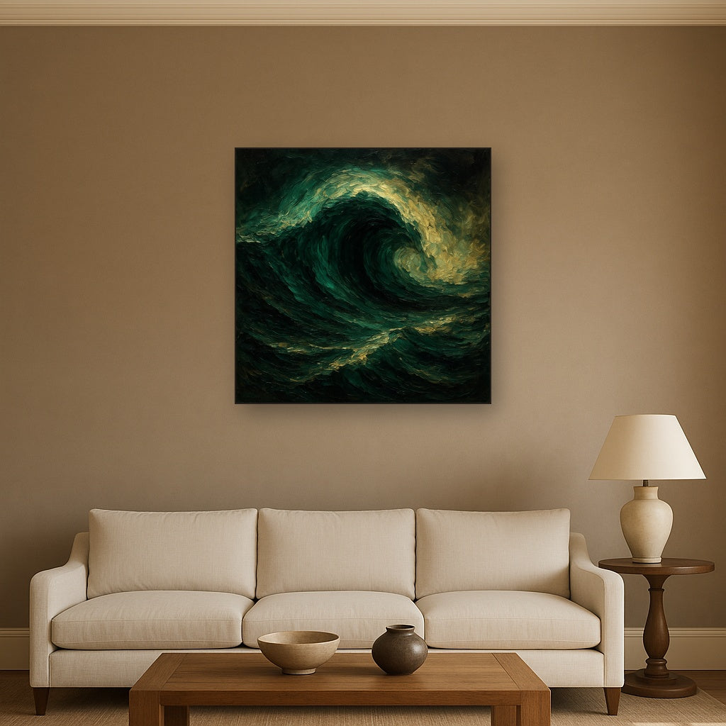 Deep Emerald & Obsidian Swell No. 5 Oil Painting - Styled in Modern Living Room