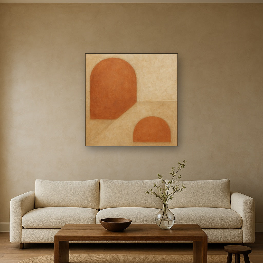 Earthy Terracotta & Weathered Plaster Wash No. 5 Oil Painting Staged Above Sectional Sofa in Living Room, Hand Painted Canvas Wall Art for Home Decor