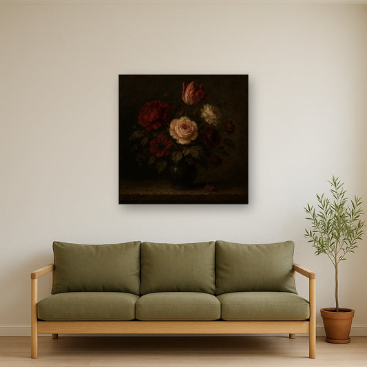 Dutch Golden Age Moody Floral Still Life No. 2 Oil Painting - Styled in Modern Living Room
