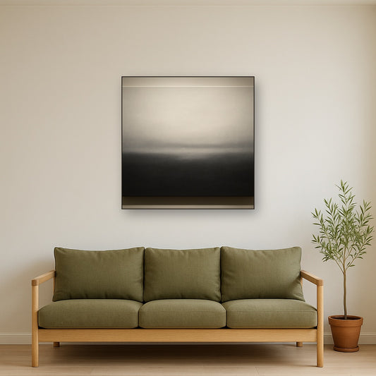 Monochrome Charcoal Drift & Soft Sfumato Horizon Oil Painting Staged Above Sectional Sofa in Living Room, Hand Painted Canvas Wall Art for Home Decor
