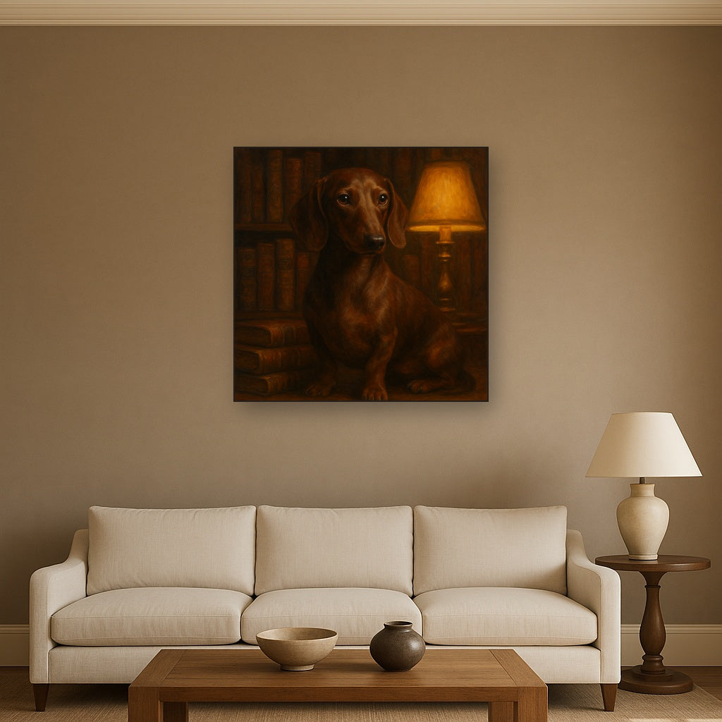 Smooth Dachshund in Moody Library Study No. 3 Fine Art Oil Painting - View 2