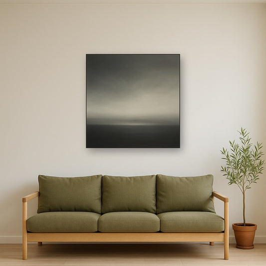 Monochrome Charcoal Drift & Soft Sfumato Horizon No. 25 Oil Painting Staged Above Sectional Sofa in Living Room, Hand Painted Canvas Wall Art for Home Decor