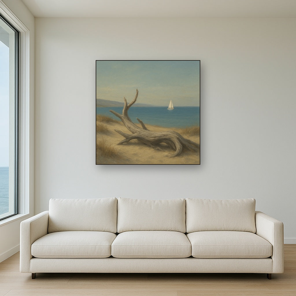 Sun-Bleached Driftwood & Distant Sailboat No. 16 Oil Painting - View 2