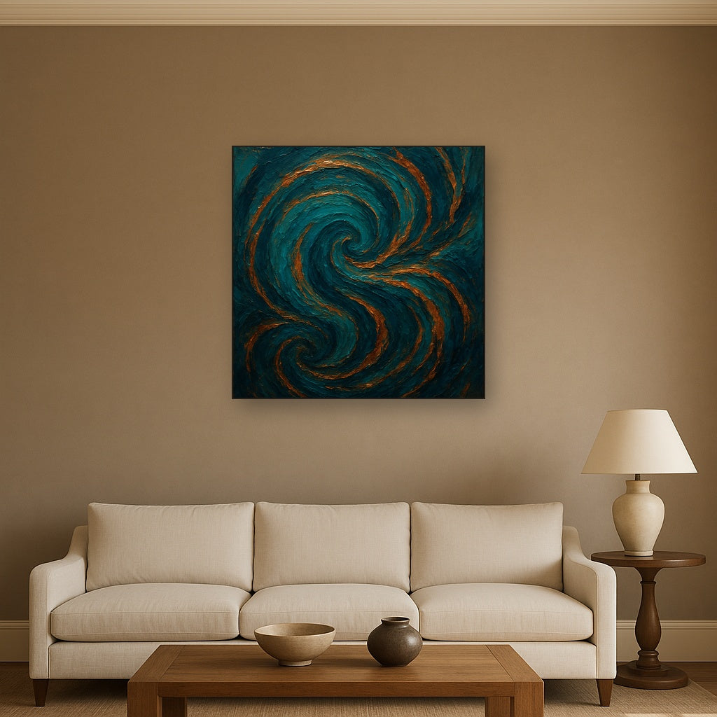 Peacock Teal & Liquid Copper Swirl No. 3 Oil Painting - Styled in Modern Living Room