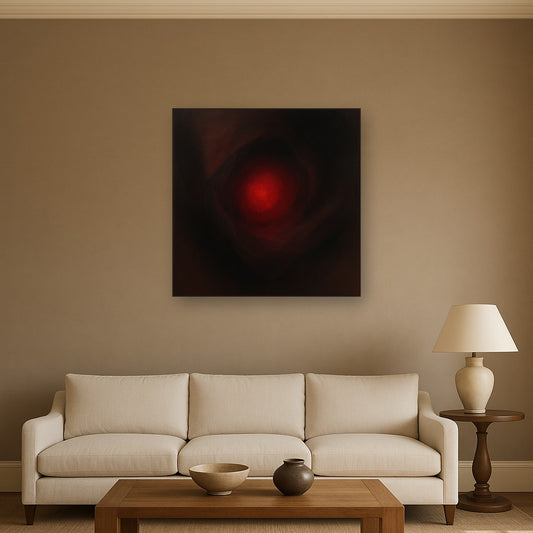 Smoky Ruby & Warm Obsidian Veils No. 6 Oil Painting Staged Above Sectional Sofa in Living Room, Hand Painted Canvas Wall Art for Home Decor