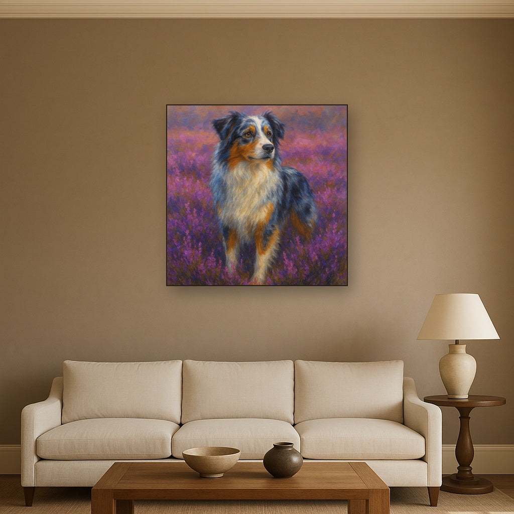 Australian Shepherd in Blooming Heather Field No. 11 Fine Art Oil Painting - View 2