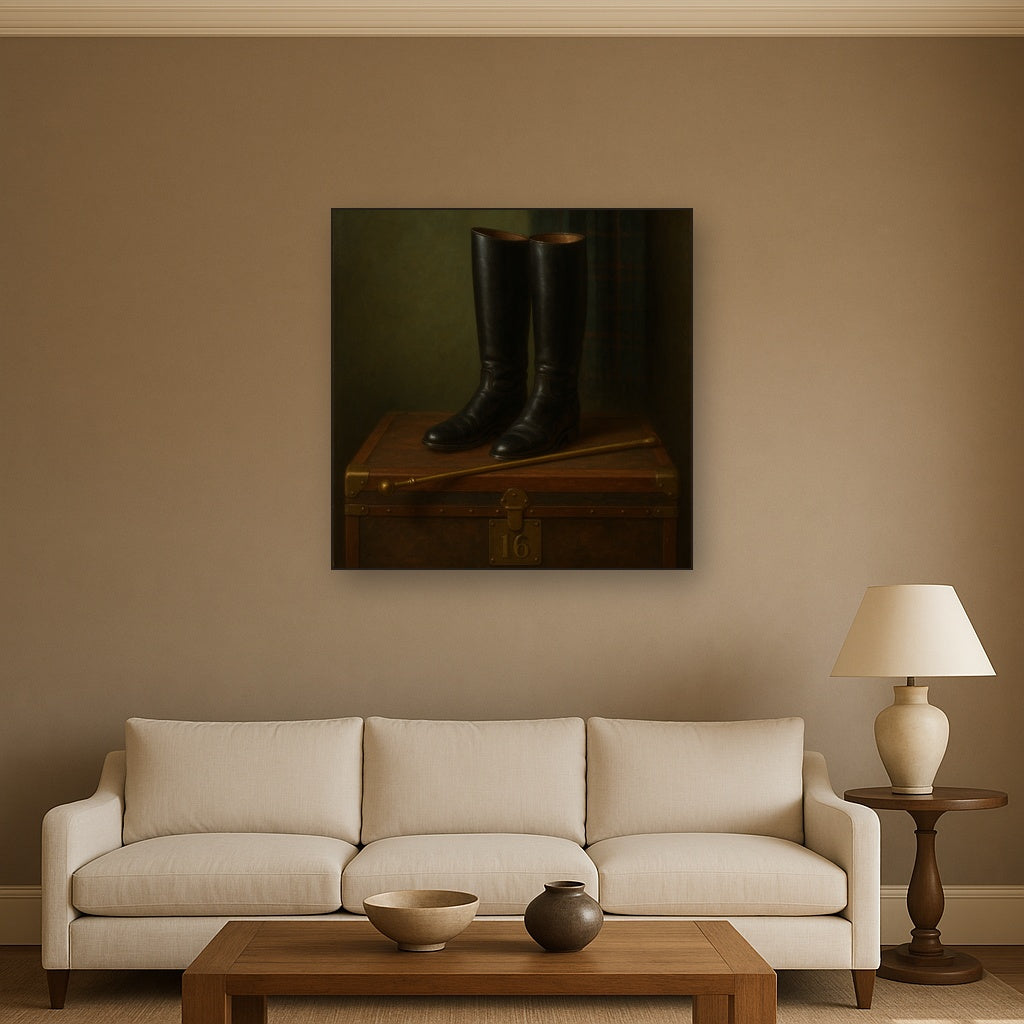 Vintage Riding Boots & Brass Crop on Trunk No. 16 Oil Painting - View 2