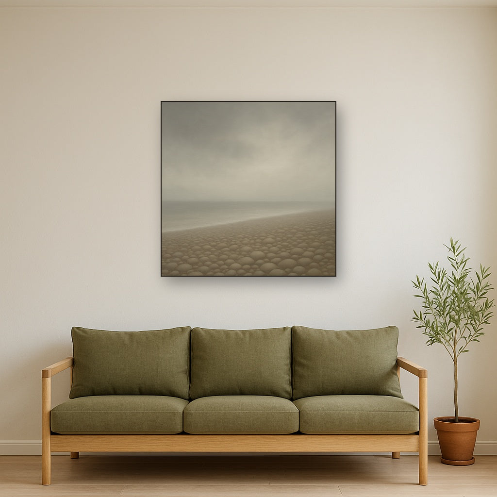 Overcast Coastal Fog & Wet Pebble Shingle No. 21 Oil Painting Staged Above Sectional Sofa in Living Room, Hand Painted Canvas Wall Art for Home Decor