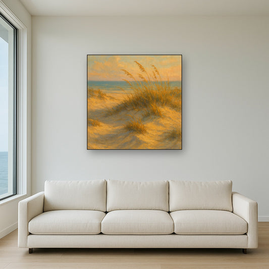 Windswept Coastal Dunes Seascape Oil Painting - Styled in Modern Living Room