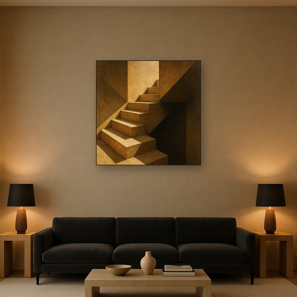 Travertine Staircase Shadow Architectural Oil Painting - Styled in Modern Living Room