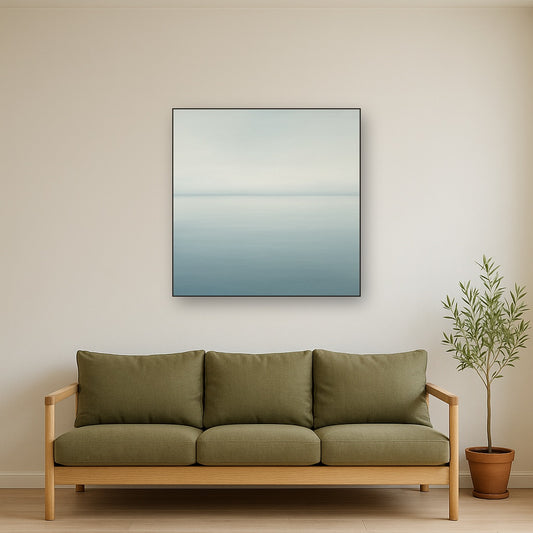 Glass Horizon over Quiet Arctic Waters No. 23 Oil Painting Staged Above Sectional Sofa in Living Room, Hand Painted Canvas Wall Art for Home Decor